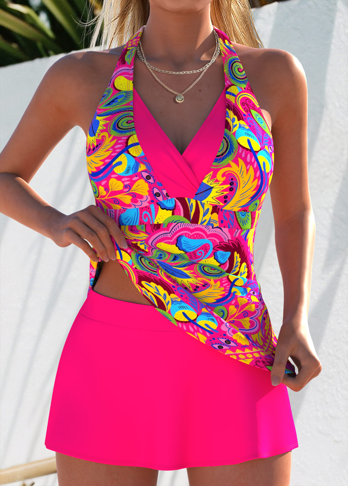 Hot Pink Mid Waisted Layered Graffiti Print Tankini Set | picture 