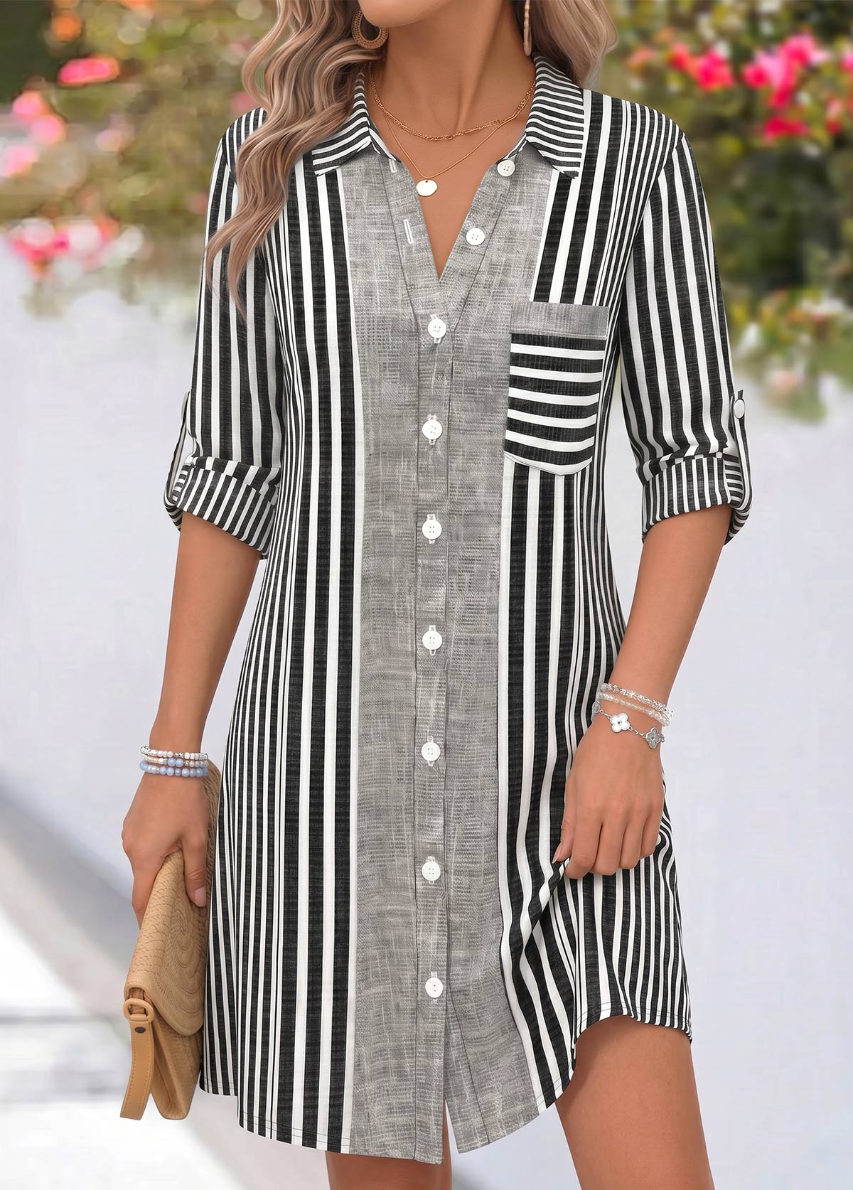 Grey Striped Short Tummy Coverage Long Sleeve Dress | picture 