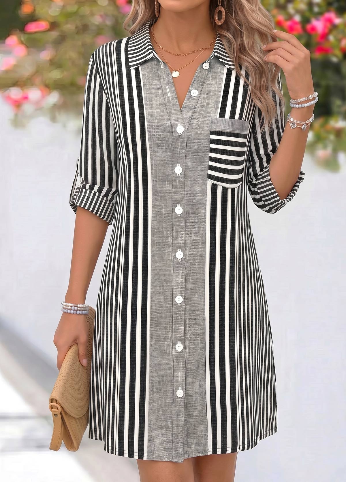 Grey Striped Short Tummy Coverage Long Sleeve Dress | picture 