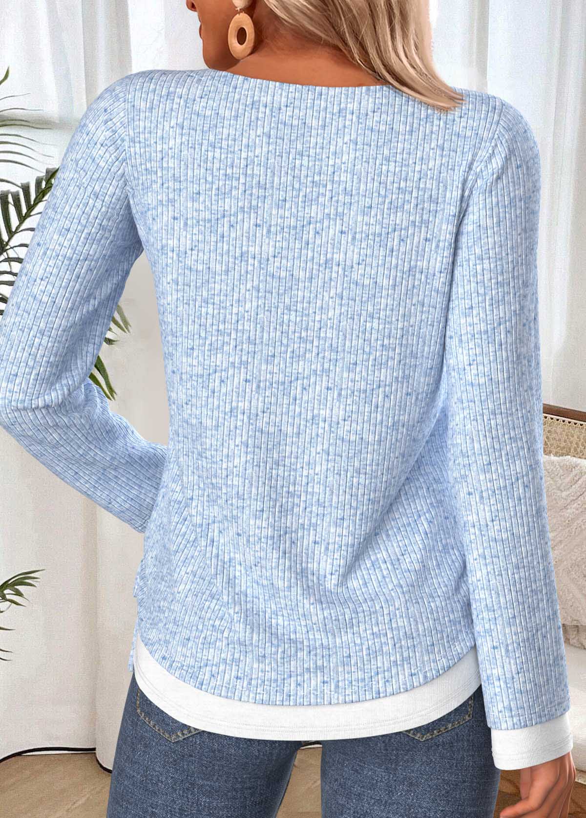 Light Blue Fake 2in1 Long Sleeve T Shirt | picture 