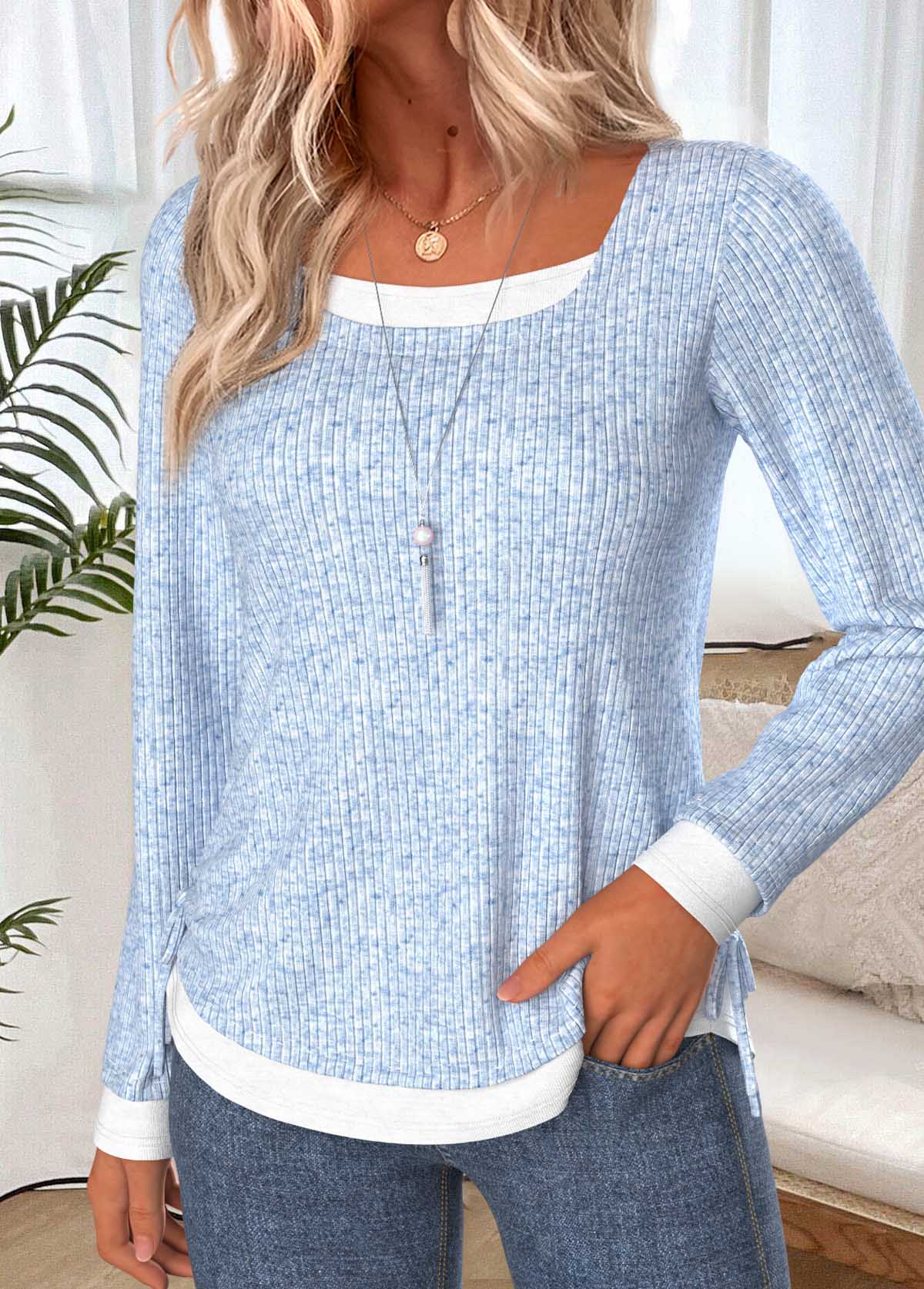 Light Blue Fake 2in1 Long Sleeve T Shirt | picture 