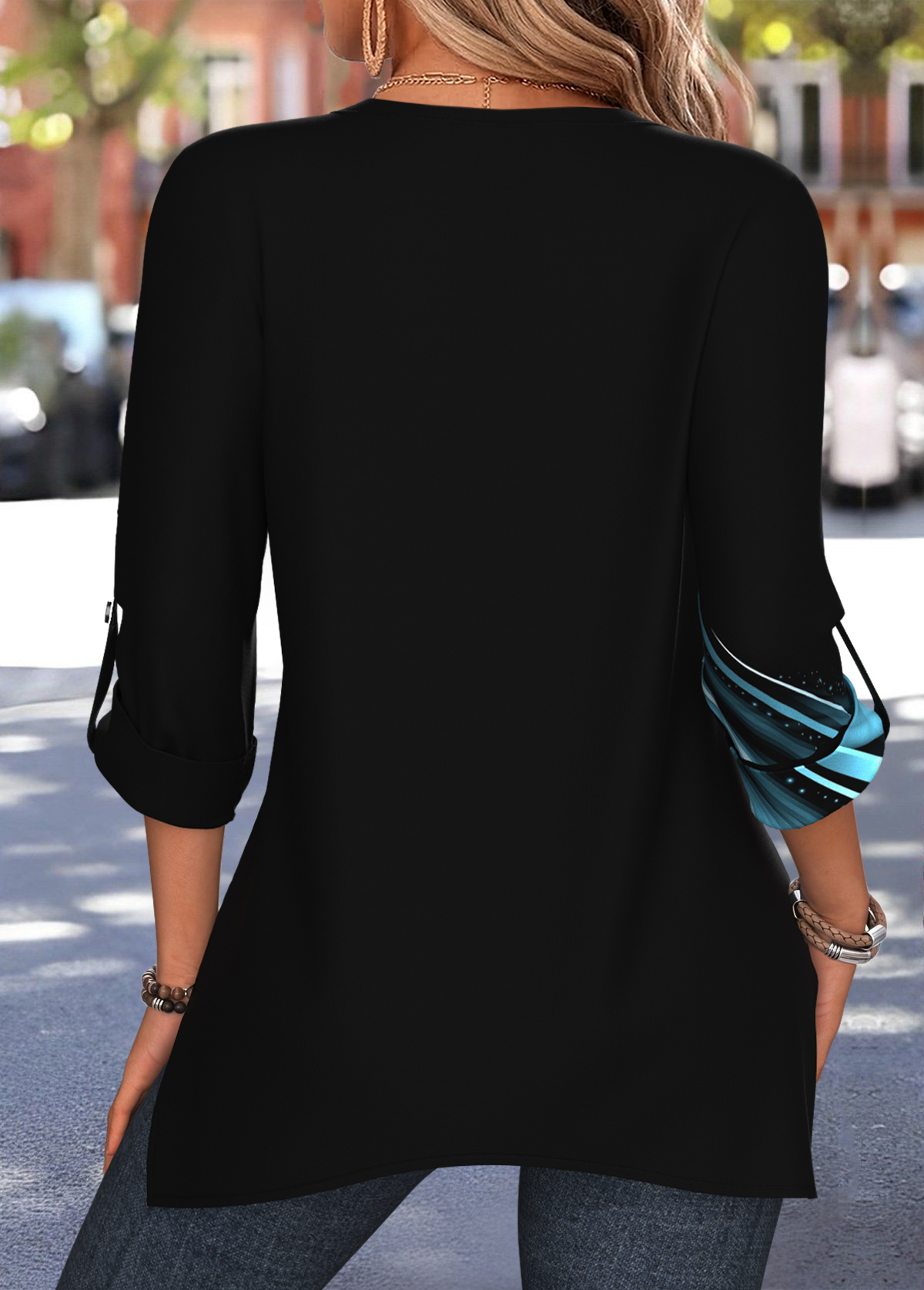 Black Ombre Handkerchief Hem 3/4 Sleeve Split Neck Blouse | picture 