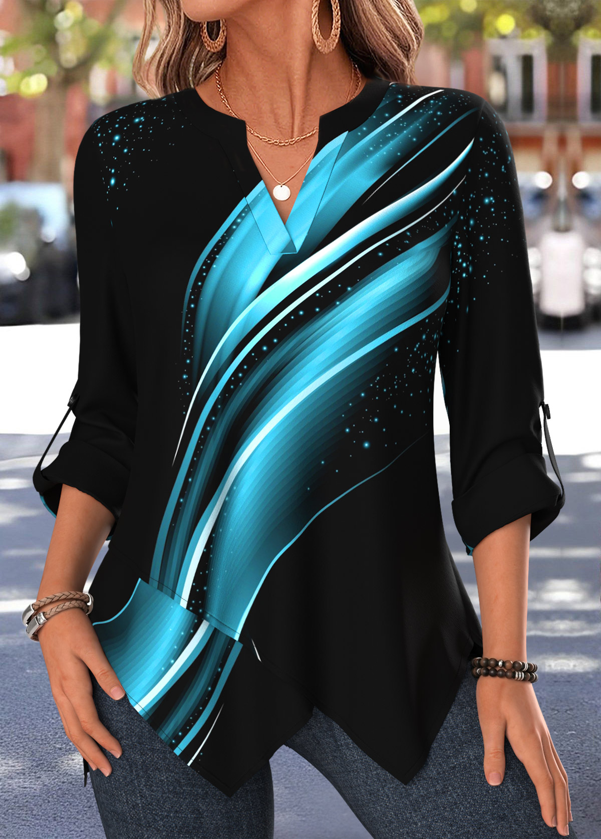 Black Ombre Handkerchief Hem 3/4 Sleeve Split Neck Blouse | picture 