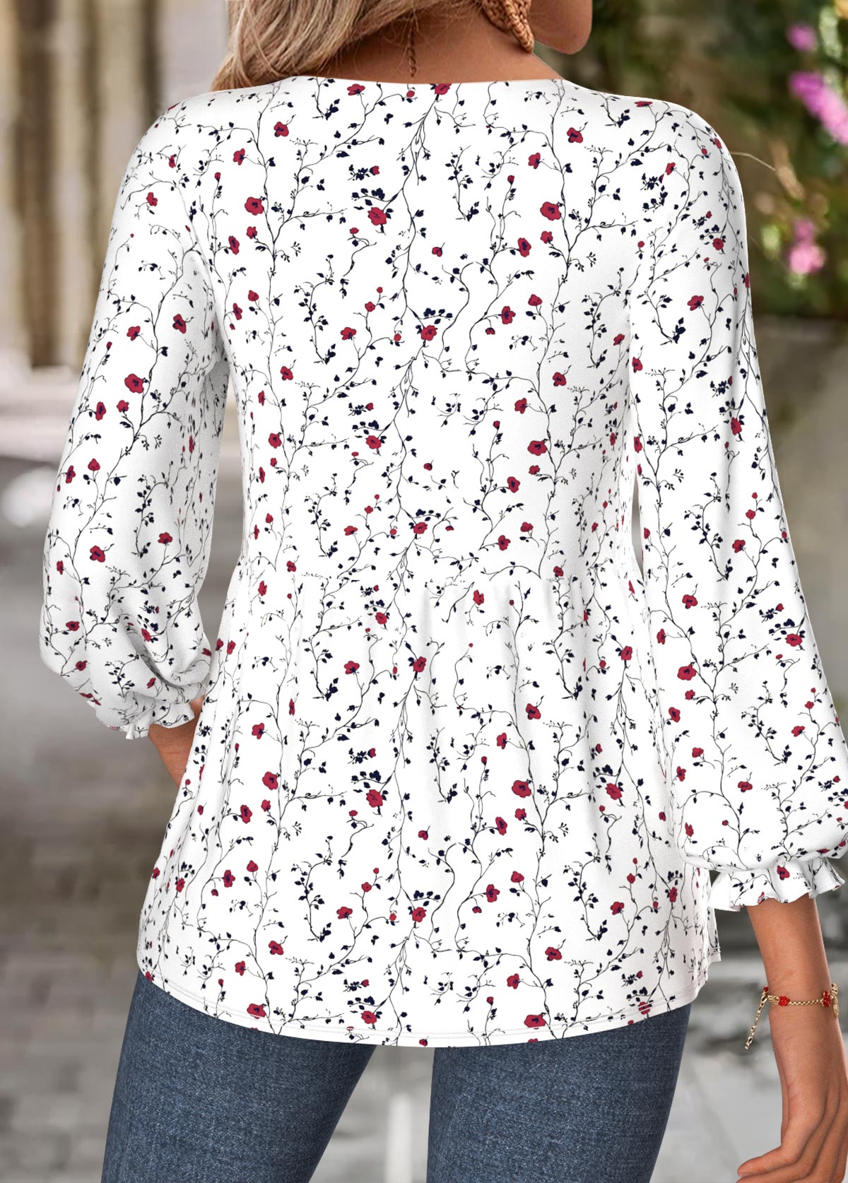 White Ditsy Floral Print Shirred 3/4 Sleeve Blouse | picture 
