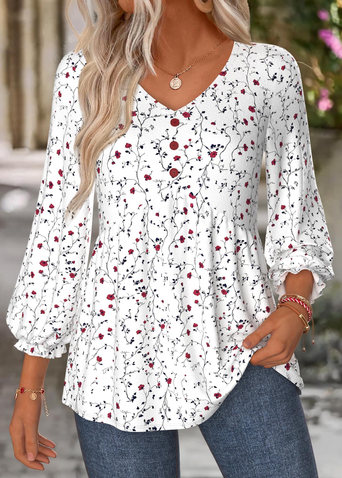 White Ditsy Floral Print Shirred 3/4 Sleeve Blouse | picture 