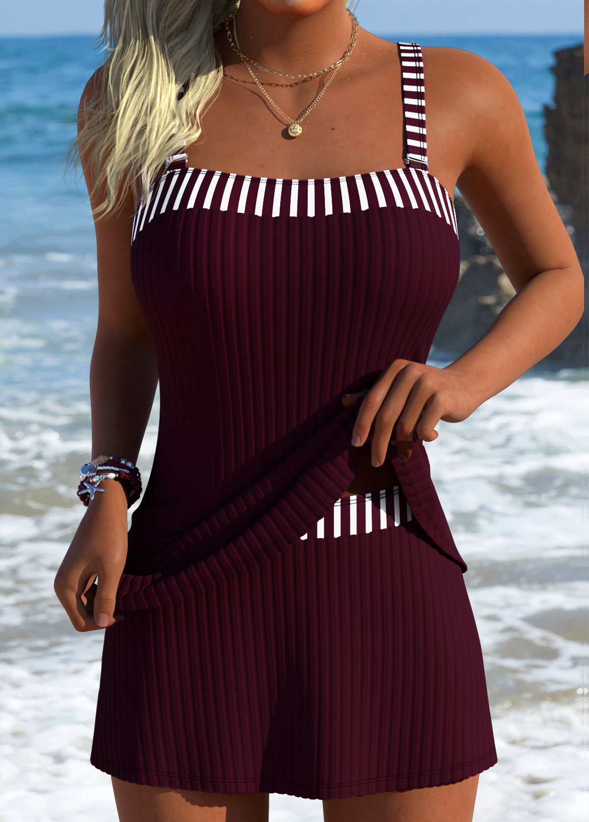 Wine Red Mid Waisted Striped Tankini Set | picture 