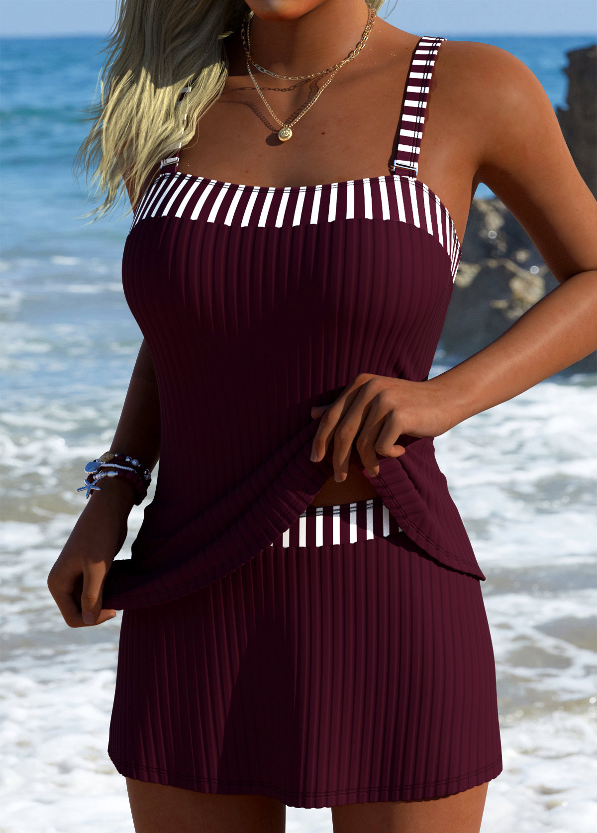 Wine Red Mid Waisted Striped Tankini Set | picture 