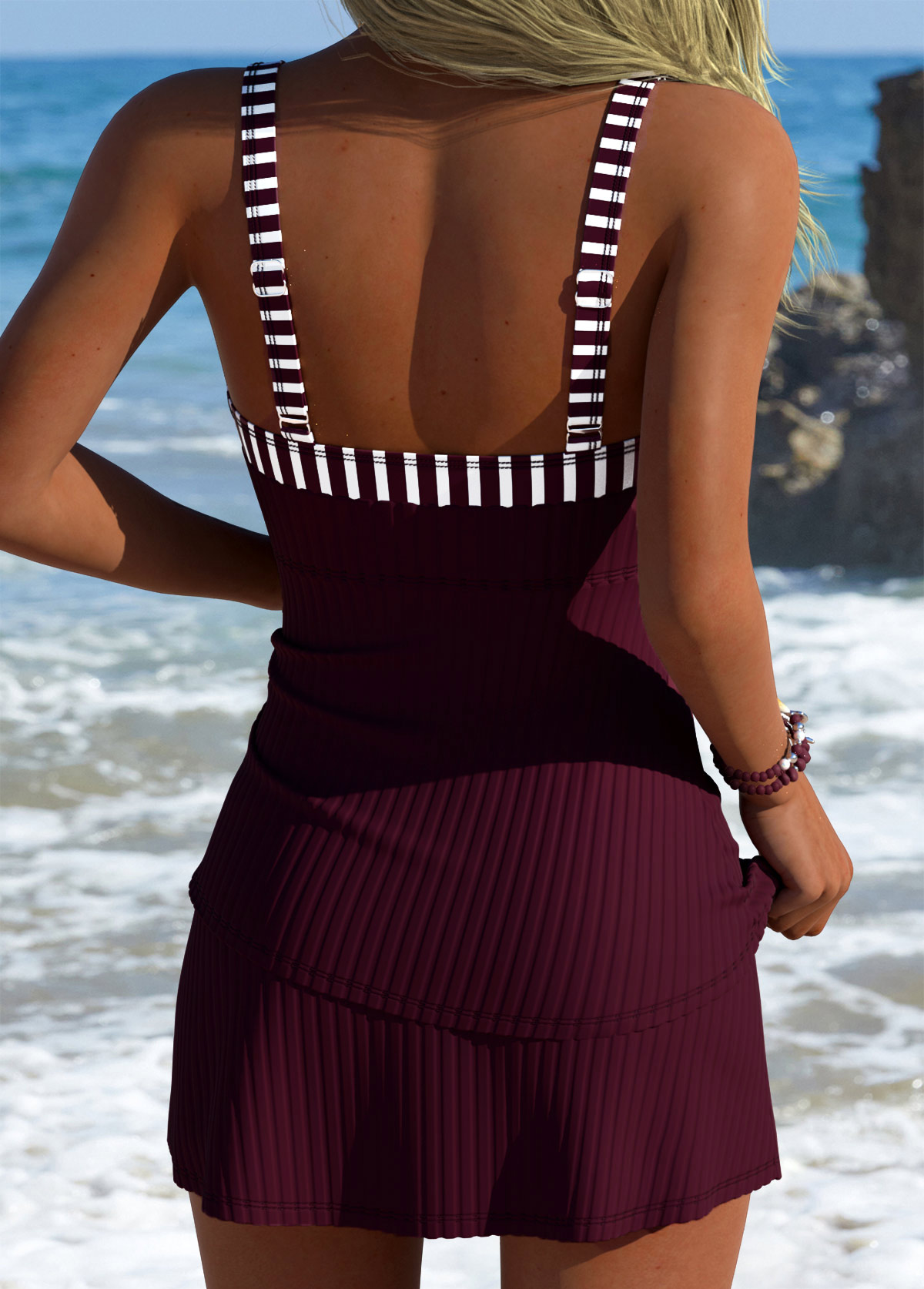 Wine Red Mid Waisted Striped Tankini Set | picture 