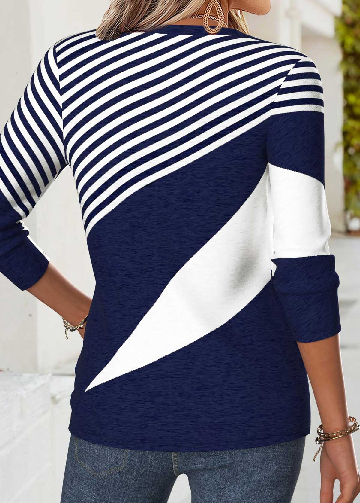 Navy Geometric Print Curved Hem Long Sleeve T Shirt | picture 