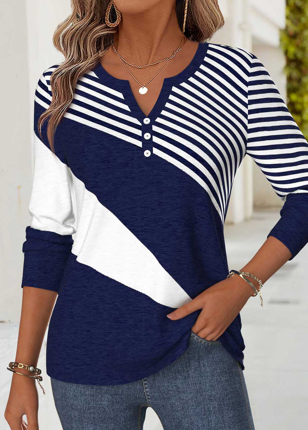Navy Geometric Print Curved Hem Long Sleeve T Shirt | picture 