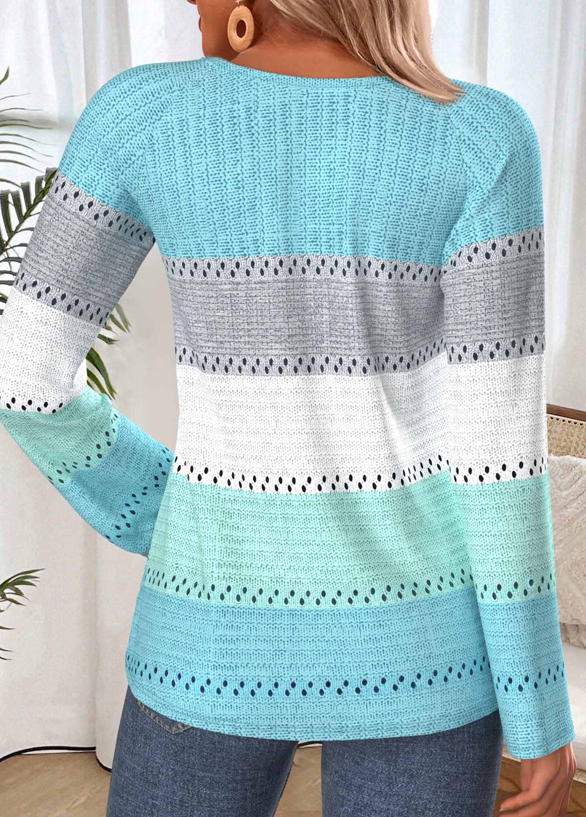 Mint Green Striped Button Long Sleeve T Shirt | picture 