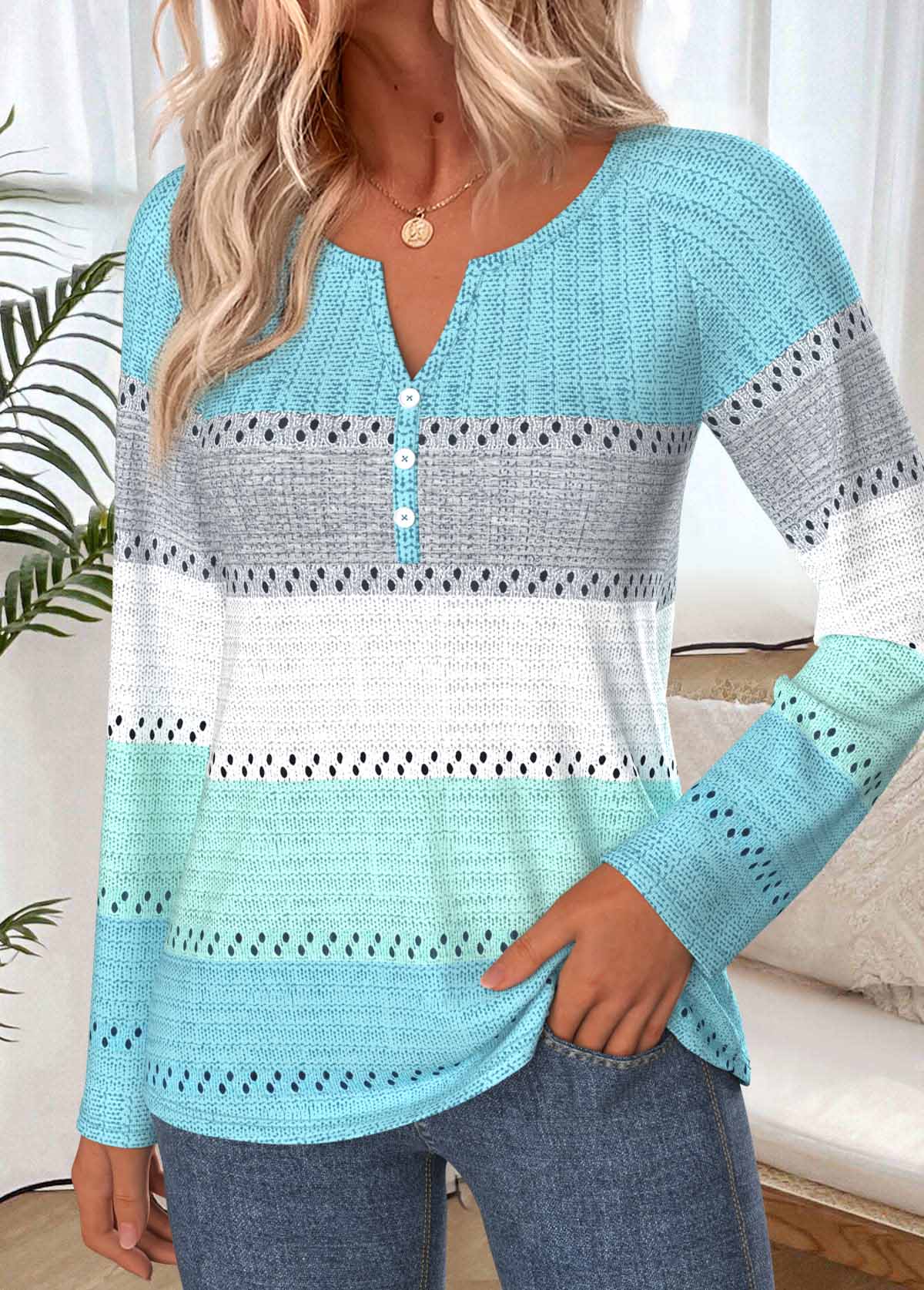 Mint Green Striped Button Long Sleeve T Shirt | picture 