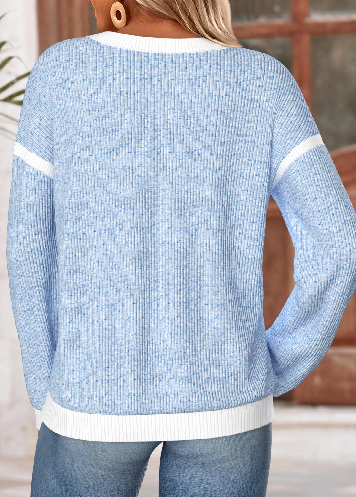 Blue Patchwork Long Sleeve Round Neck Sweatshirt | picture 