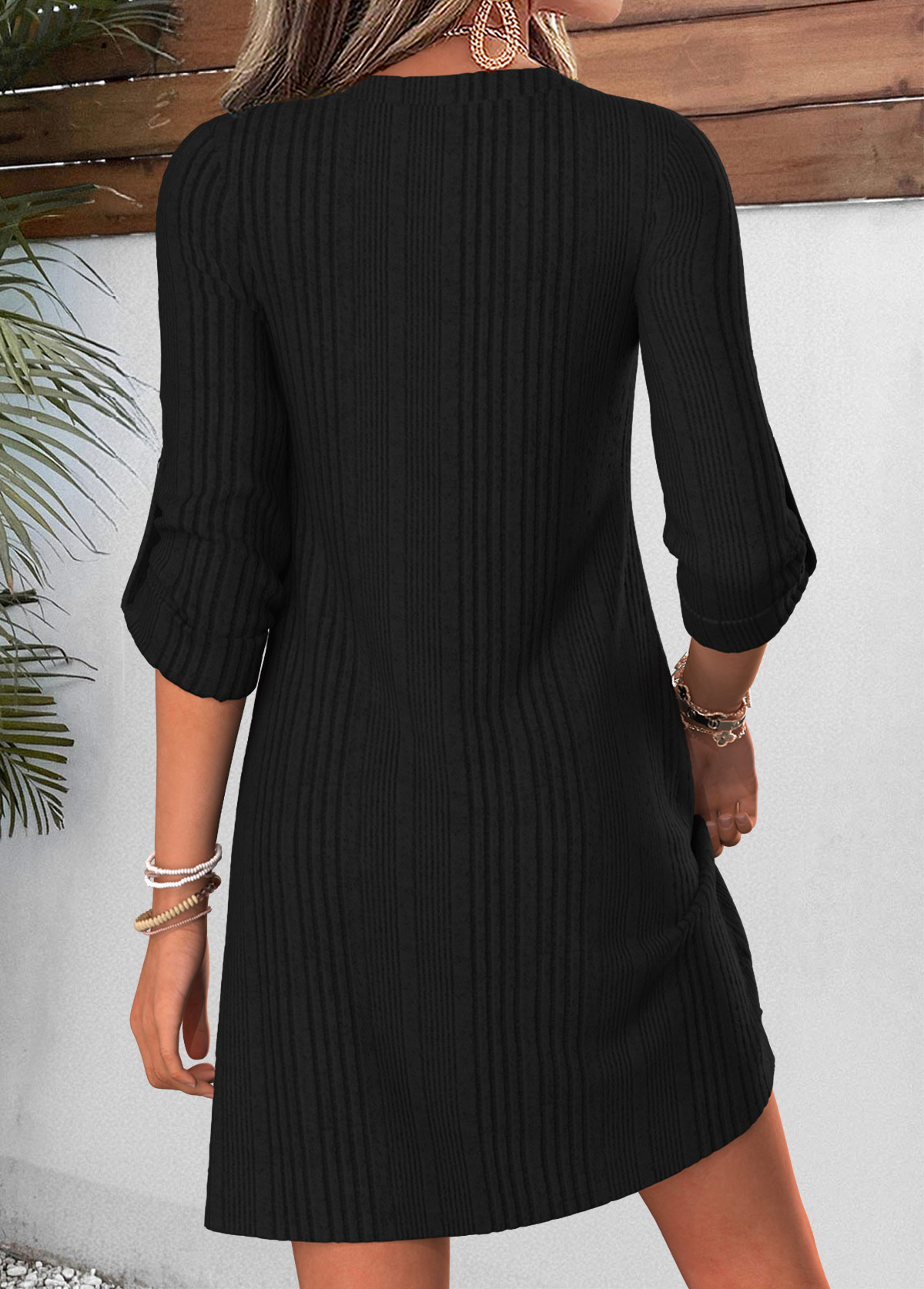 Black Short Tummy Coverage Long Sleeve Split Neck Dress | picture 