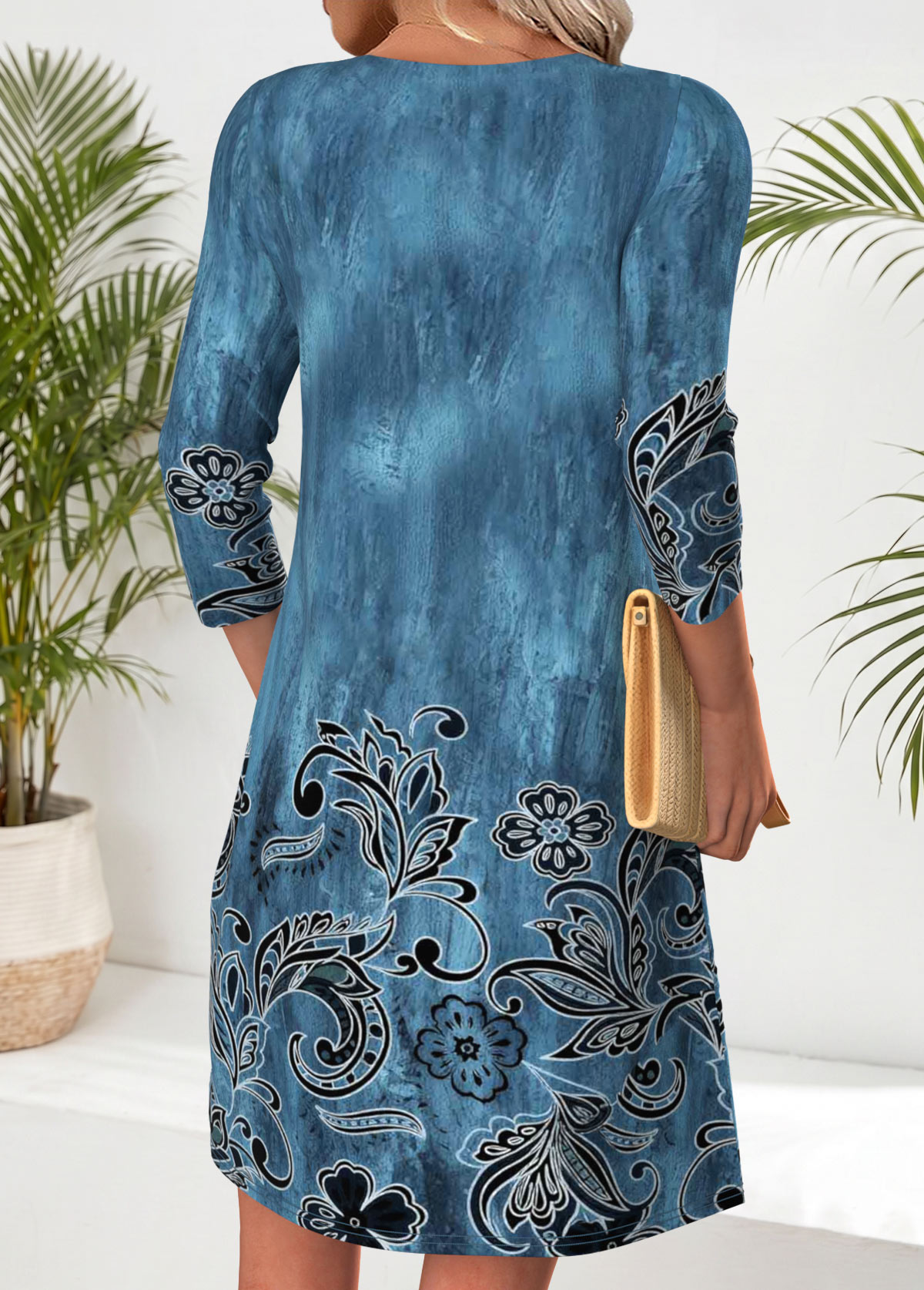 Peacock Blue Tribal Print Short Tuck Stitch Dress | picture 