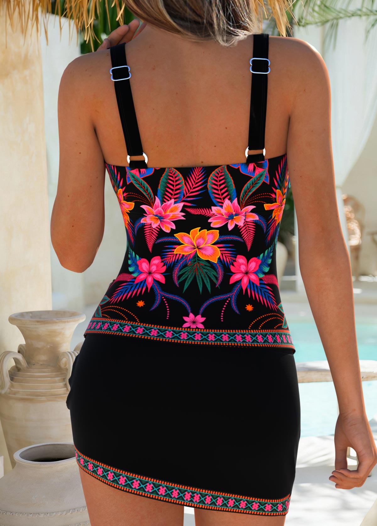 Black Mid Waisted Surplice Floral Print Tankini Set | picture 