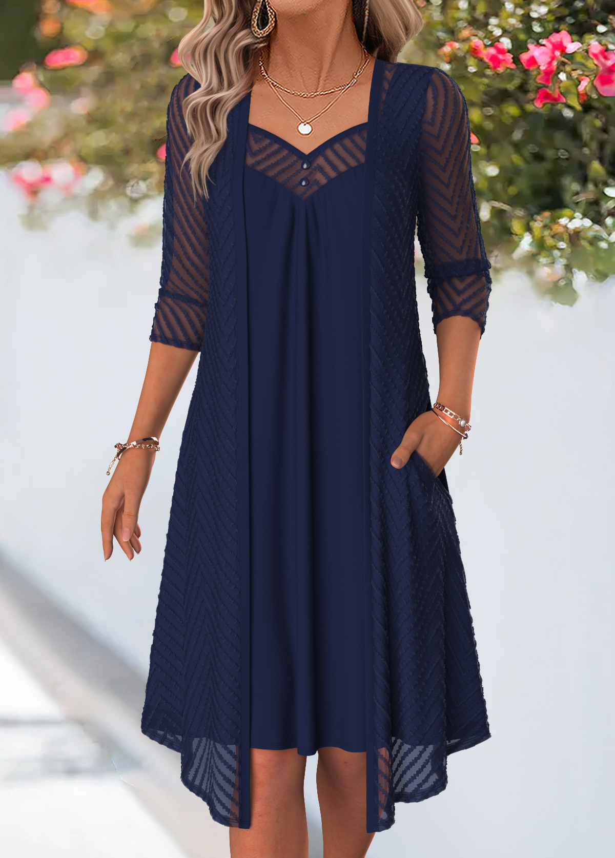 Navy Fake 2in1 3/4 Sleeve Heart Collar Dress | picture 