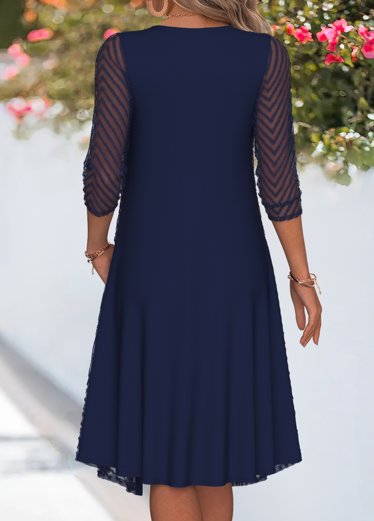 Navy Fake 2in1 3/4 Sleeve Heart Collar Dress | picture 