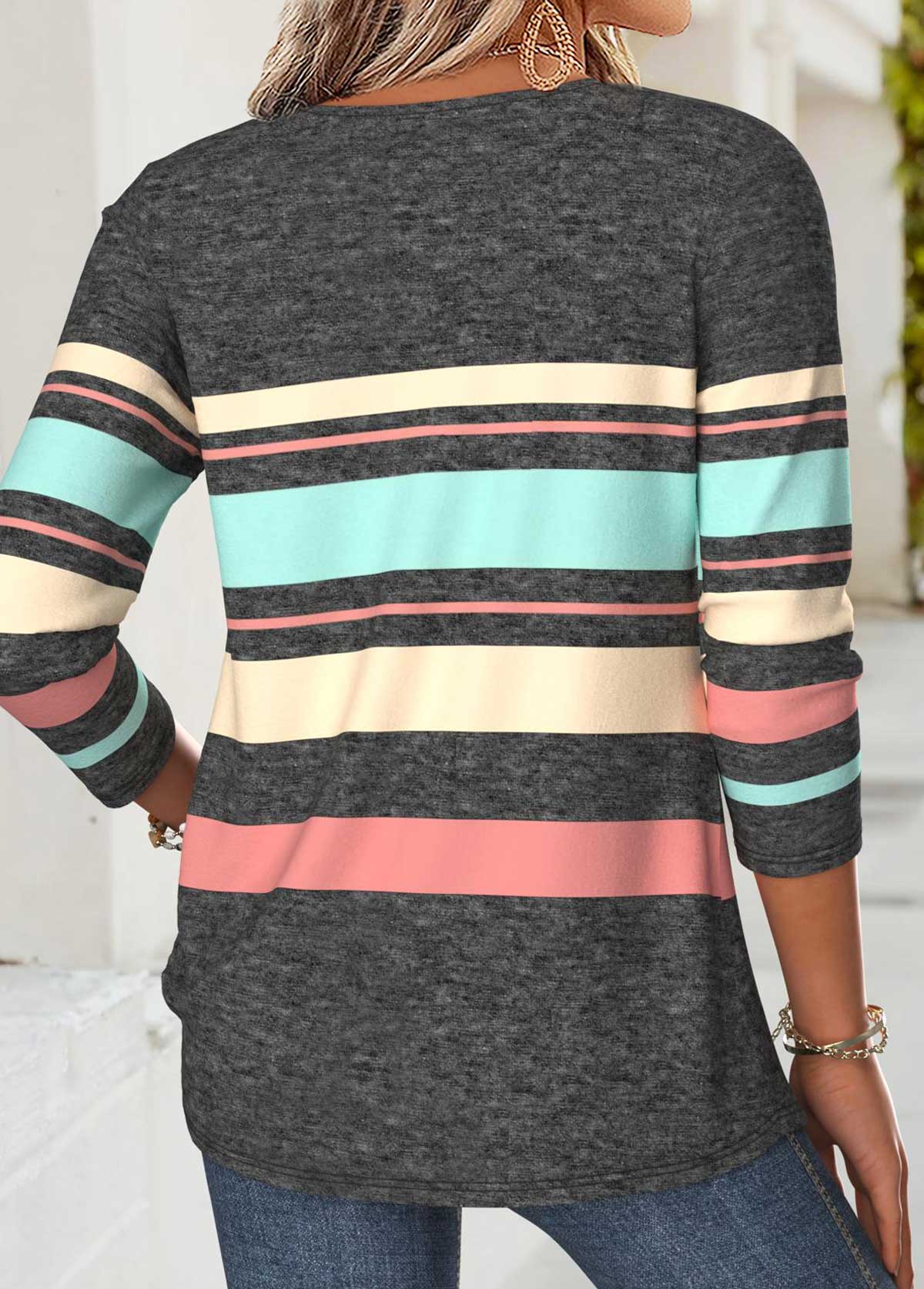 Multi Color Striped Tuck Stitch Long Sleeve T Shirt | picture 
