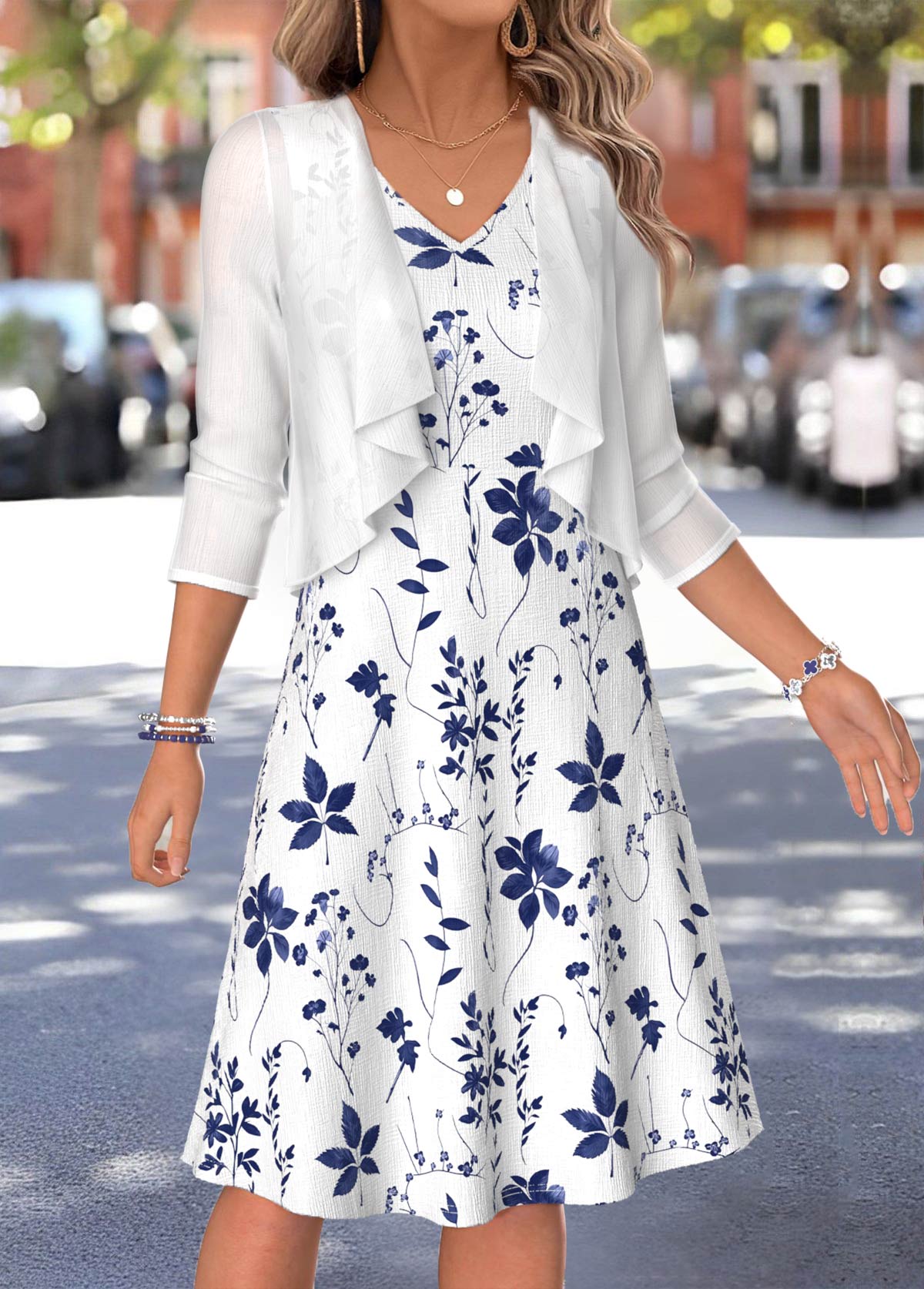 White Leaf Print Two-piece 3/4 Sleeve Dress and Cardigan | picture 