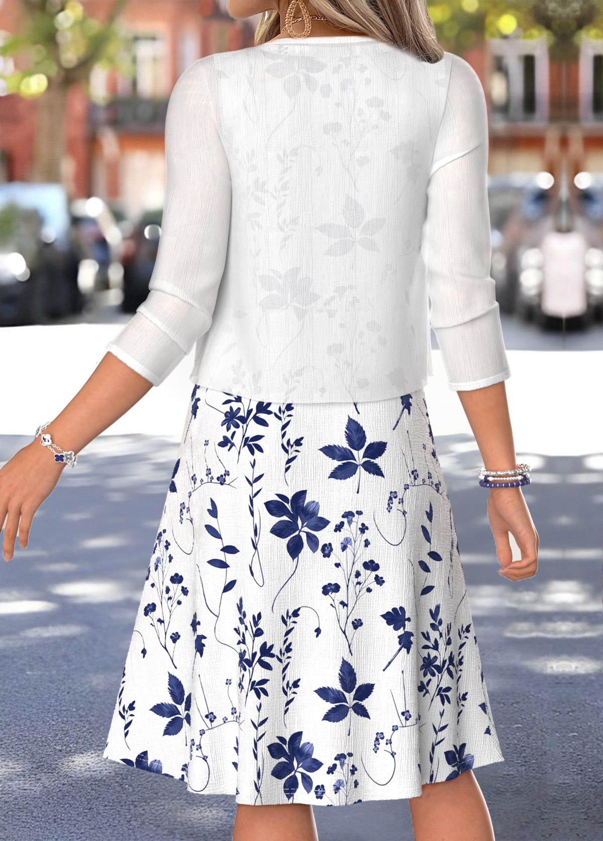 White Leaf Print Two-piece 3/4 Sleeve Dress and Cardigan | picture 