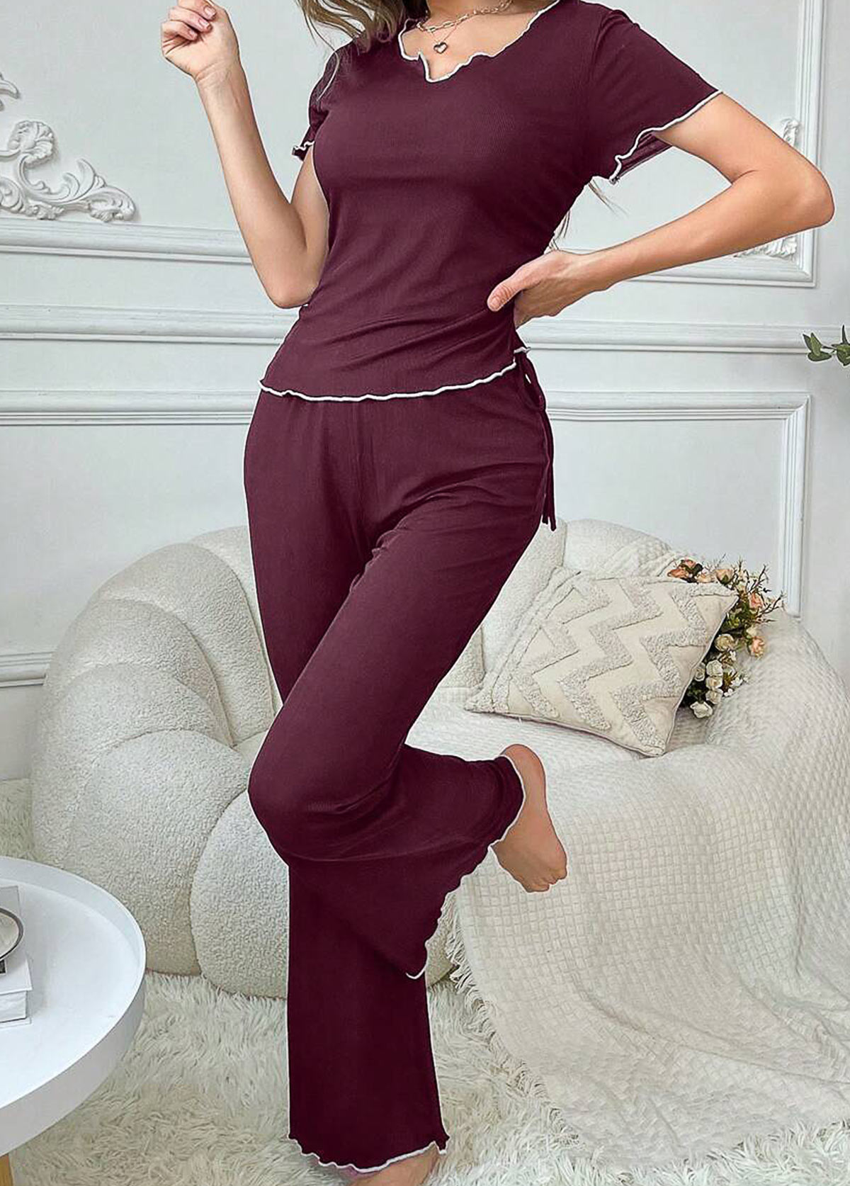 Wine Red Short Sleeve Lounge Top and Pants | picture 