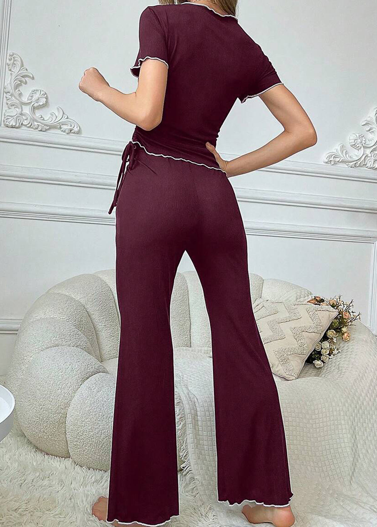 Wine Red Short Sleeve Lounge Top and Pants | picture 