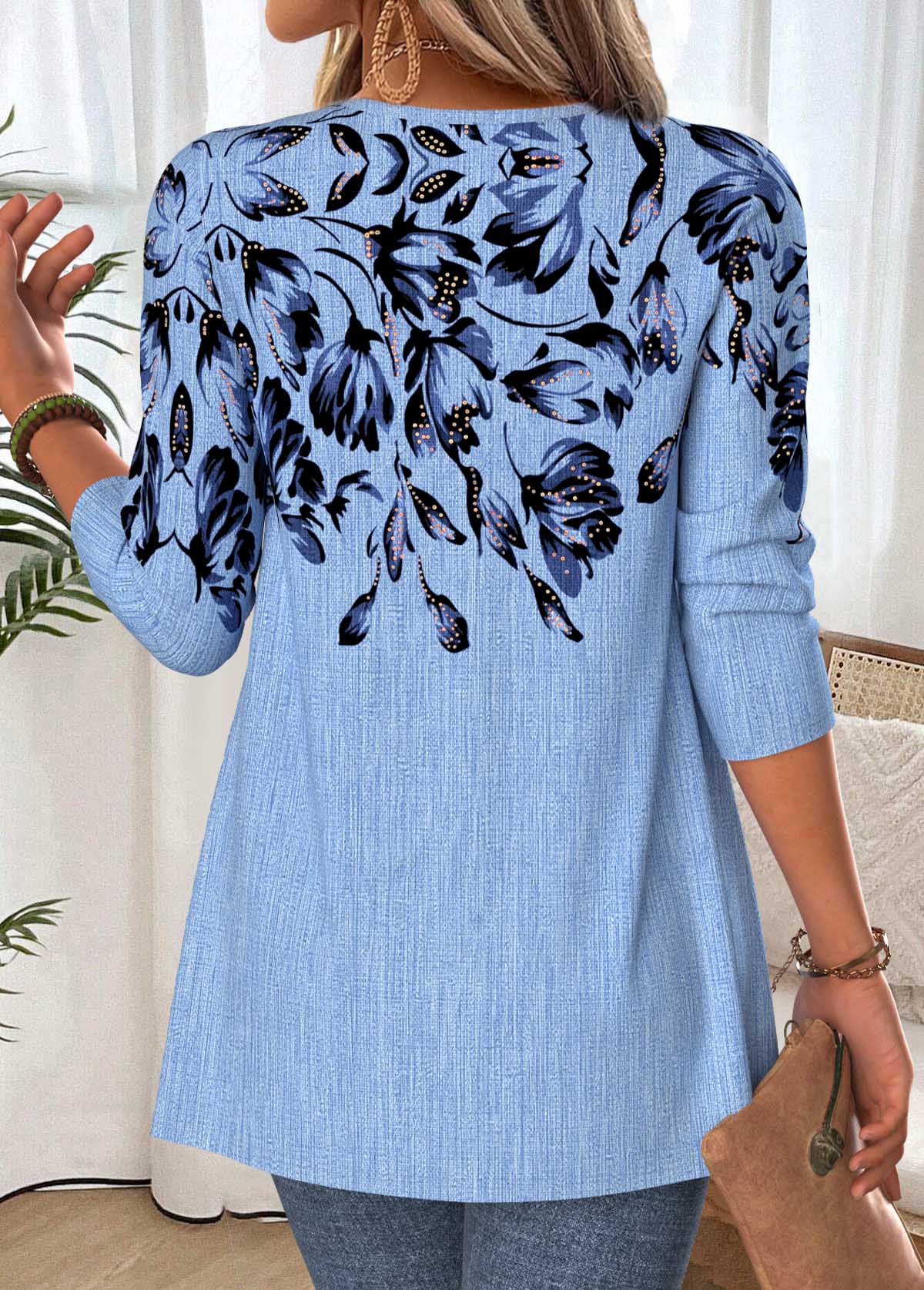 Dusty Blue Floral Print Fake Two Piece Twinset | picture 