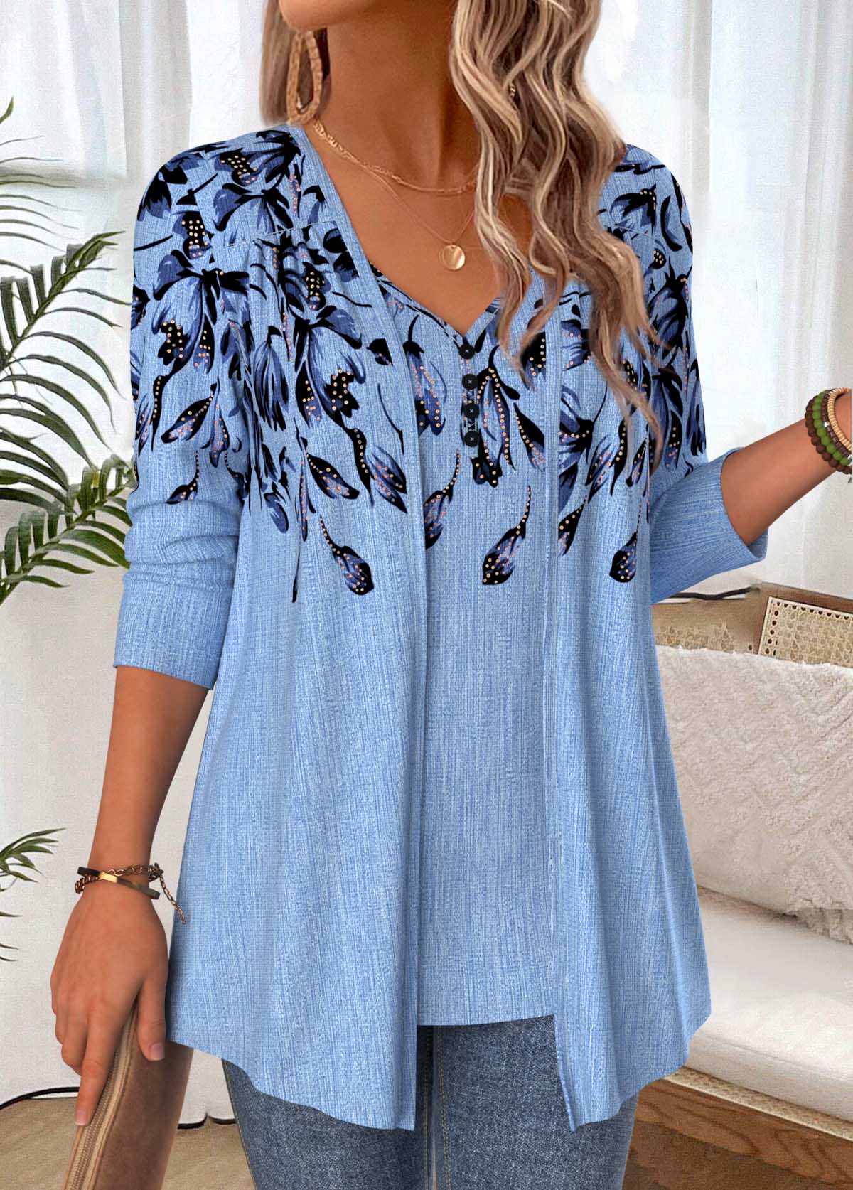Dusty Blue Floral Print Fake Two Piece Twinset | picture 
