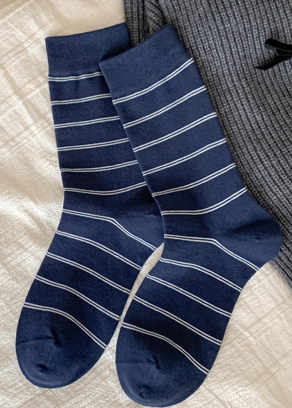 Navy Cotton Blend Striped Mid Calf Socks | picture 