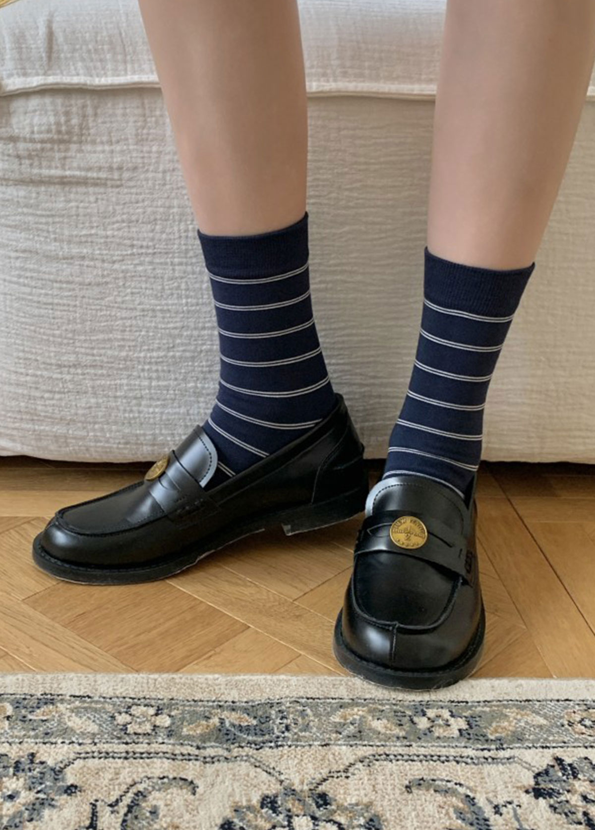 Navy Cotton Blend Striped Mid Calf Socks | picture 