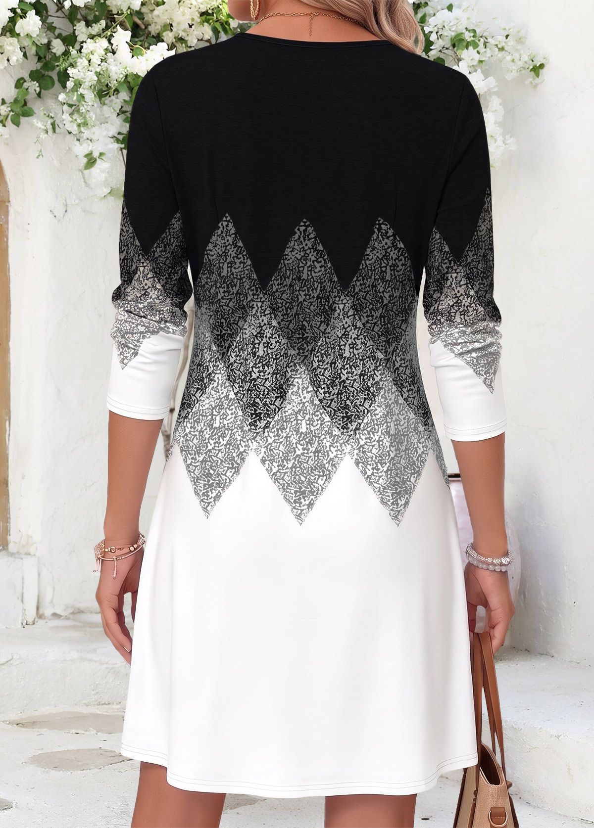 Black Geometric Print Short Tummy Coverage Long Sleeve Dress | picture 
