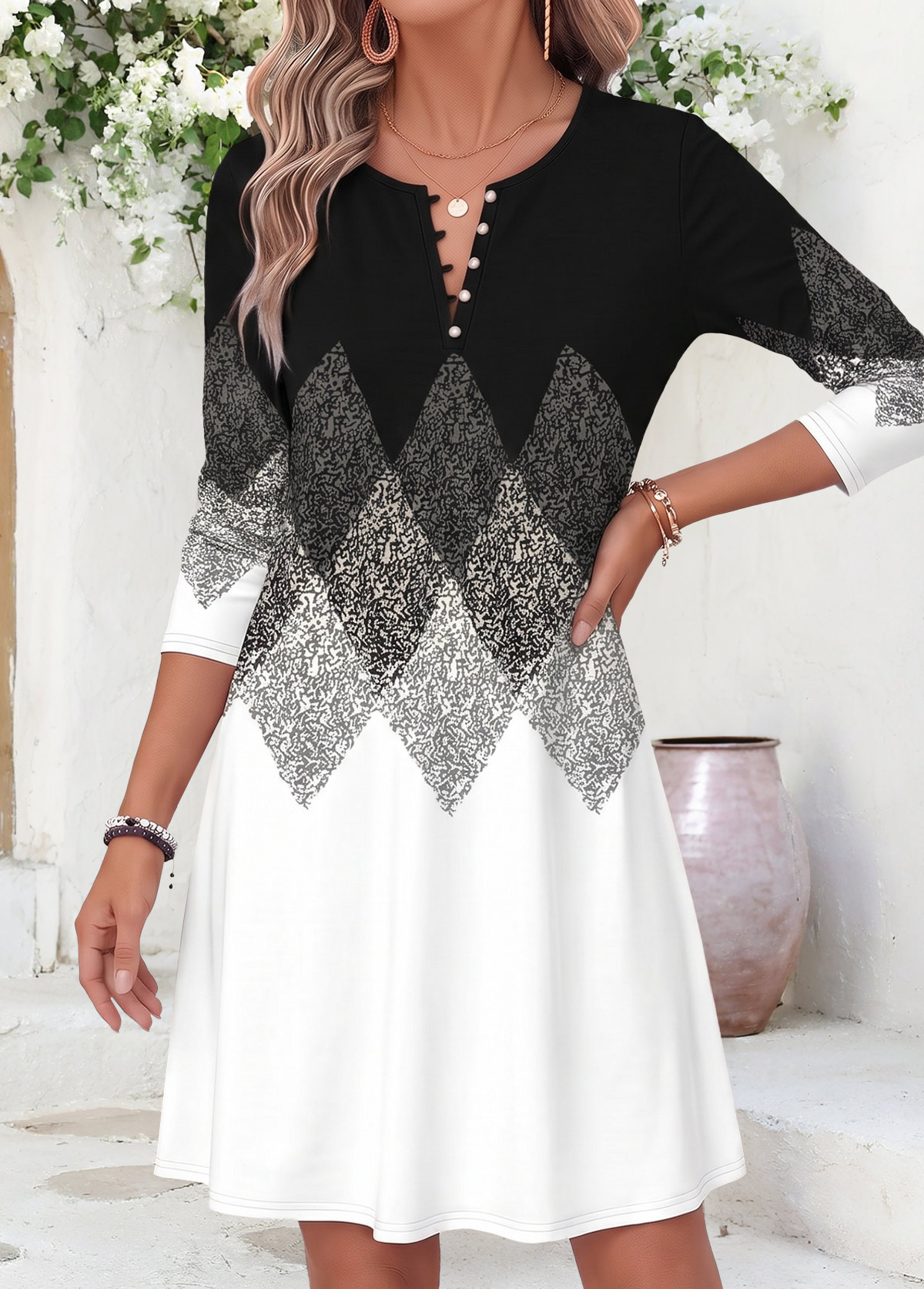 Black Geometric Print Short Tummy Coverage Long Sleeve Dress | picture 