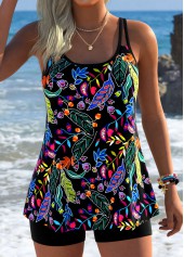 Scoop Neck Floral Print Black Tankini Set