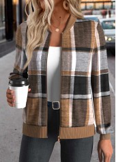 Dark Coffee Zipper Plaid Long Sleeve Stand Collar Jacket