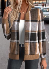 Dark Coffee Zipper Plaid Long Sleeve Stand Collar Jacket | thumb picture 
