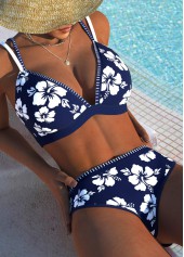 Contrast Binding Mid Waisted Floral Print Navy Bikini Set