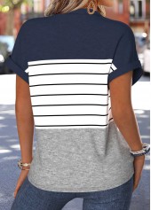 Navy Striped Patchwork Short Sleeve Split Neck Blouse | thumb picture 