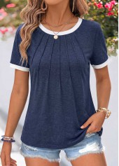 Navy Patchwork Short Sleeve Round Neck T Shirt