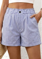 Blue Striped Elastic Waist High Waisted Shorts