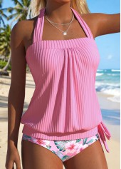 Pink Mid Waisted Bowknot Floral Print Tankini Set | thumb picture 