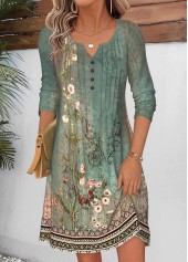 Sage Green Random Floral Print Short Tuck Stitch Dress