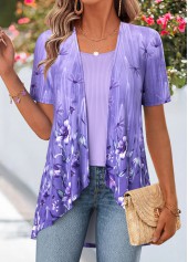 Purple Floral Print Short Sleeve Fake Two Piece Twinset