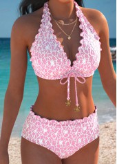 Pink Mid Waisted V Neck Bikini Set