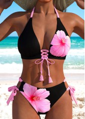 Black Mid Waisted Lace Up Floral Print Bikini Set