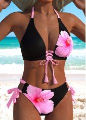 Black Mid Waisted Lace Up Floral Print Bikini Set | thumb picture 
