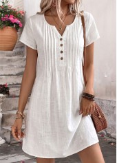 White Short Tuck Stitch Split Neck Dress
