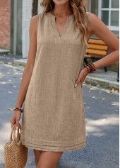 Gray Brown Short Shirred Sleeveless Split Neck Dress | thumb picture 