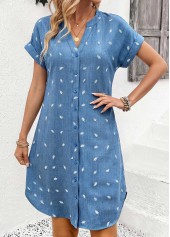 Denim Blue Leaf Print Tummy Coverage Short Sleeve Dress | thumb picture 