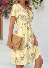 Light Yellow Floral Print Short Twist V Neck Dress | thumb picture 